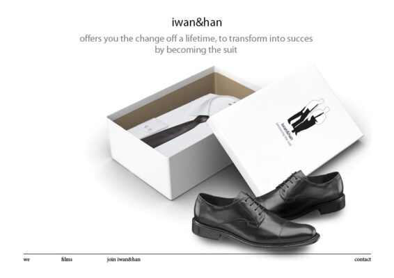 iwan&han A pair of black dress shoes in front of an open white box containing a neatly folded white dress shirt and black tie. The box lid features the iwan&han logo and branding text appears above the items.