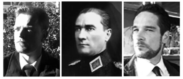 iwan&han Three black and white photos show men in suits. The middle image is a historical portrait, while the ones on the left and right depict modern individuals. All three images focus on similar poses and expressions.