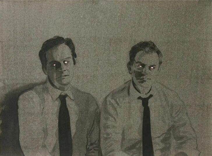 iwan&han A dark, grayscale drawing of two men in collared shirts and ties, sitting side by side. Their eyes are illustrated as bright, glowing white, creating an eerie effect. The background is plain, enhancing the haunting atmosphere.