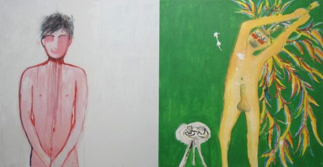 iwan&han A split canvas with abstract art: the left side shows a pink-toned figure with a smiling face on a white background. The right side depicts a yellow figure standing with arms raised and surrounded by colorful leaves against a green background.