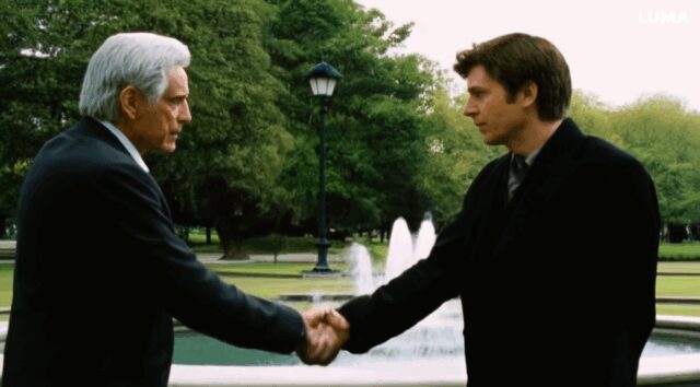 man with gray hair wearing a suit, walks in the park and meet his doppelgänger and then they shake hands-9fda58