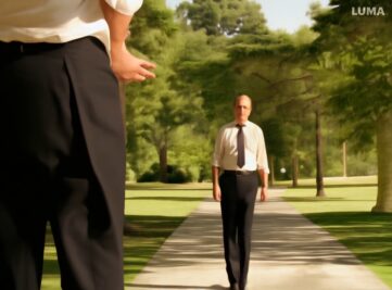 these two man walks in the park, then they shake hands-3ebe89