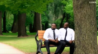 man with a white shirt and black tie walks in the park were They then shake hands and go to sit together on a bench-a44b52