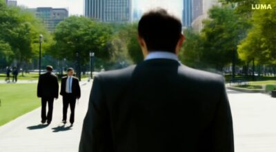 man with suit walk in park and meet his doppelgänger-4d9a5f